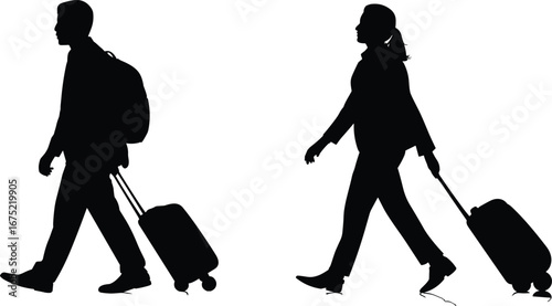 Silhouette of male and female travelers walking with rolling luggage and backpack, business travel, airport journey, vacation trip, walking forward, travel concept, isolated on white
