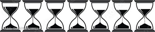 Hourglass progression icons set, black and white vector showing sand flow stages, time passage, countdown, process, timer illustration design