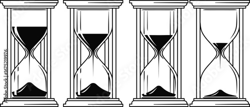 Hourglass progression icons set, black and white vector showing sand flow stages, time passage, countdown, process, timer illustration