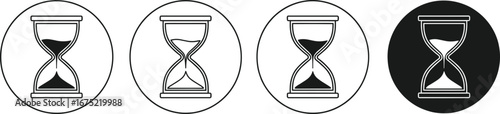 Hourglass progression icons set, circular black and white vector showing sand flow stages, time passage, countdown, process illustration