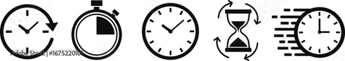 Time concept icons set, black and white vector with clock, stopwatch, hourglass, motion arrows, productivity and scheduling illustration