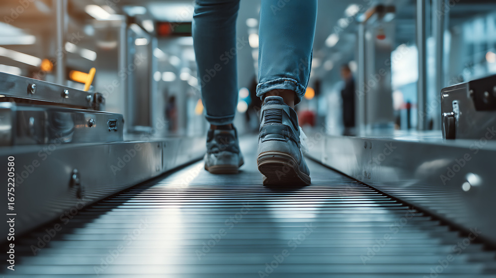 Fototapeta premium Person walking through metal detector at airport security checkpoint