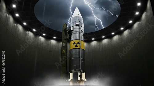 Nuclear Missile Silo Storm - A massive intercontinental ballistic missile, marked with a nuclear symbol, stands ready within a dark, concrete silo.
