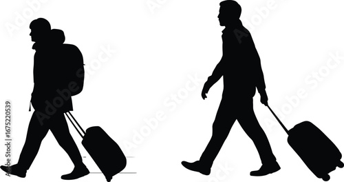 Silhouette of two travelers walking, pulling luggage, backpack and rolling suitcase, travel concept, journey, vacation, business trip, adventure, airport, walking forward, isolated on white