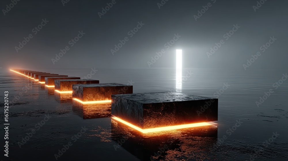 Obraz premium Futuristic landscape with glowing blocks.