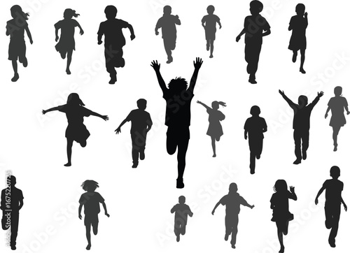 Silhouettes of children running, jumping, playing in motion, joyful kids outdoors, active youth illustration, expressing happiness, freedom, energy, fun, childhood moment, black vector