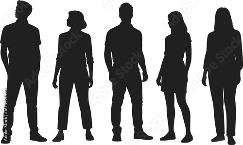 Silhouettes of five diverse young adults standing, casual clothing, confident poses, social group, men and women, modern style, unity, friendship, teamwork, community, people together