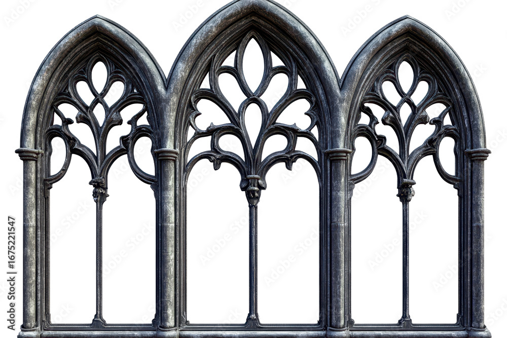Naklejka premium Gothic window design featuring intricate arches and decorative elements in a transparent background