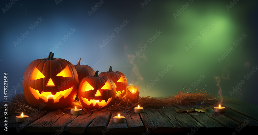 Fototapeta premium Lit jack-o'-lanterns on a wooden table with candles and fog, perfect for Halloween celebrations