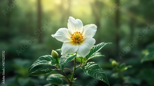 Single white flower with radiant golden yellow center and emerald green leaves in forest
