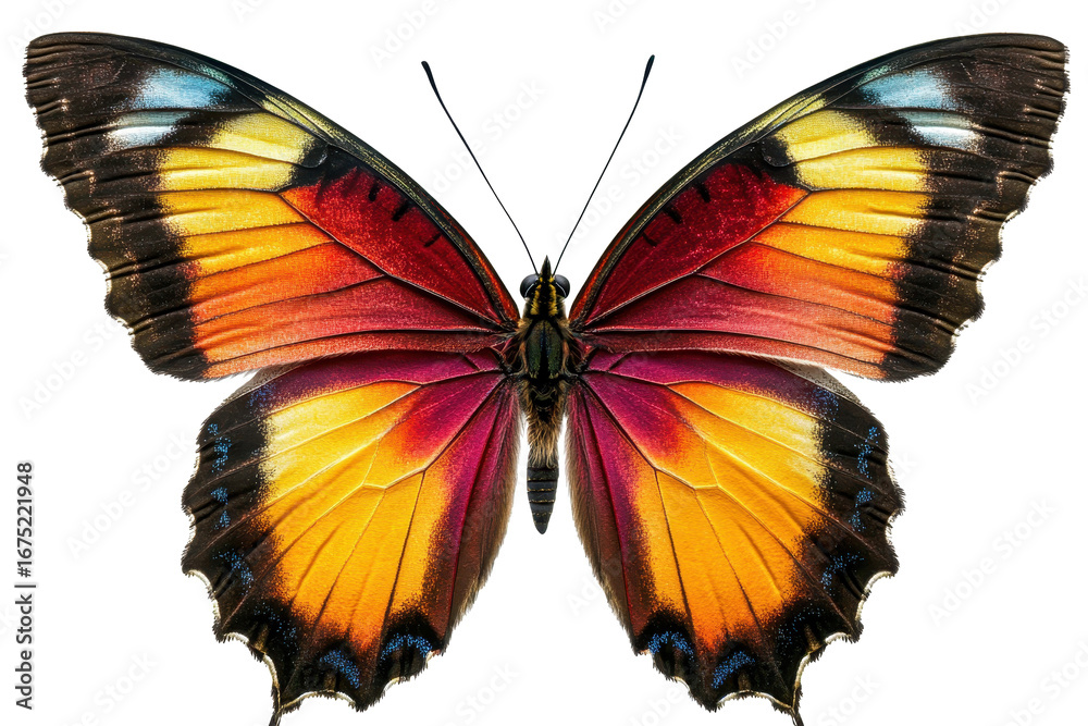 Fototapeta premium Vibrant and detailed close-up of a colorful butterfly with striking orange, yellow, and blue wings displaying intricate patterns in a transparent background