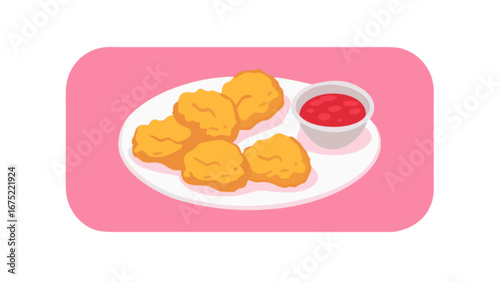 Crispy chicken nuggets with dipping sauce vector illustration, fast food meal delicious snack and appetizer
