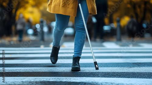 A visually impaired person confidently walking in the city with a smart AI cane.