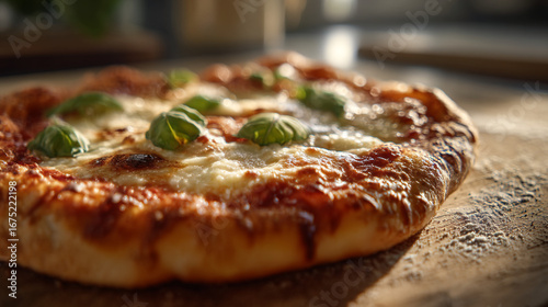 Wallpaper Mural Close up shot of a freshly baked pizza topped with cheese and basil on a wooden cutting board surface Torontodigital.ca