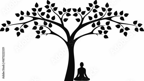 Silhouette of a person meditating under a bodhi tree with many leaves in black and white vector art
