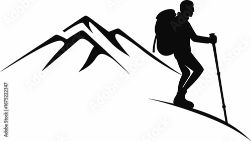 Silhouette of a hiker with backpack and trekking poles climbing a mountain with jagged peaks in black and white