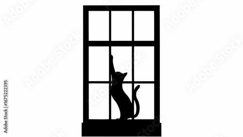 Silhouette of a cat reaching up towards a window with panes in a black and white graphic design image