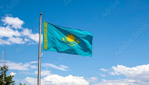 Kazakhstan’s national flag waving in the sky