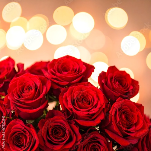 An elegant bouquet of scarlet roses shimmering against a backdrop of golden festive lights, an expression of deep affection