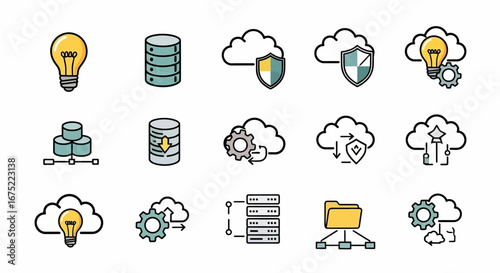 A collection of cloud computing and data management icons, including databases, cloud storage, security shields, lightbulbs, and gear mechanisms.