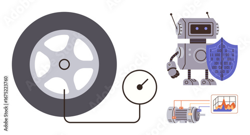 Car tire connected to pressure gauge, shielded robot showcasing cybersecurity, and engine diagram with data graph. Ideal for automation, technology, robotics, data analysis, transportation, AI