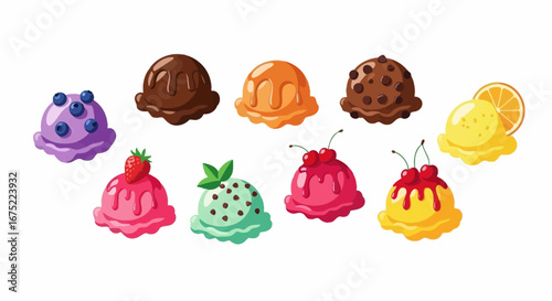Colorful cartoon ice cream scoops, each with a different flavor and topping, arranged in a row on a white background.