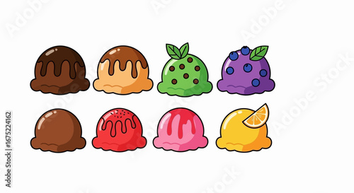 Eight colorful cartoon ice cream scoops, each with a different flavor and topping, arranged in two rows on a white background.