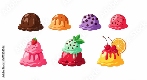 Illustration of eight scoops of ice cream, each with a different color and topping, arranged in two rows against a white background.