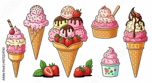 Collection of colorful cartoon ice cream cones and cups with various toppings like strawberries, chocolate syrup, and sprinkles.