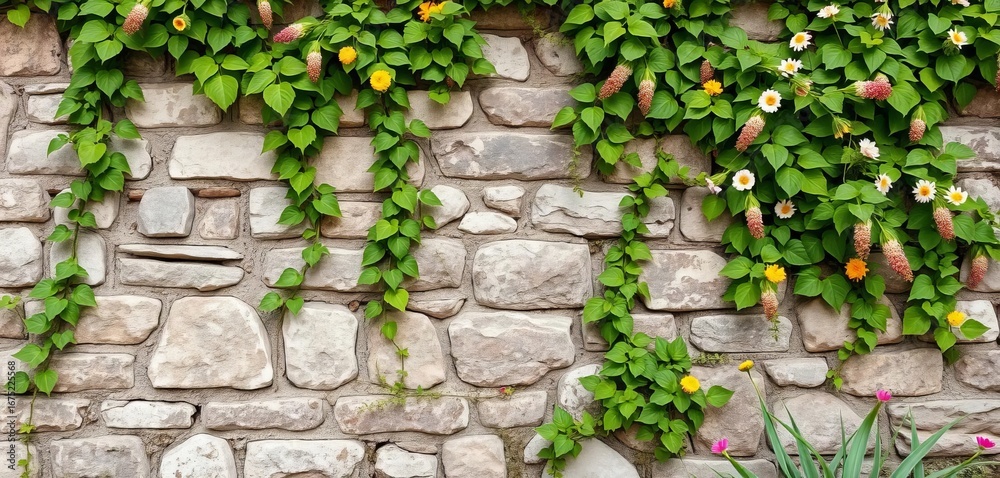 Naklejka premium Rustic stone wall backdrop, overgrown with ivy and wildflowers, plants, image