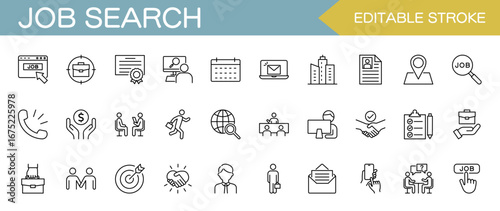 Job Search Icon Set – Resume, Interview and Employment. Editable stroke. Vector illustration.
