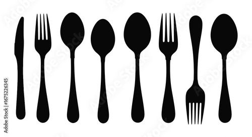 Black silhouettes of various forks and spoons with a knife on white background