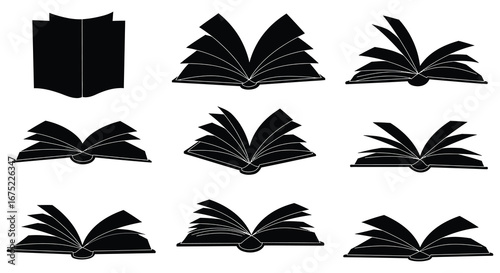 Collection of black and white book illustrations in various open and closed positions