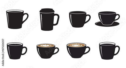 Collection of black coffee cups with different contents and designs