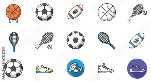 Collection of various sports icons and equipment on white background