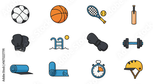 Collection of various sports equipment and fitness icons