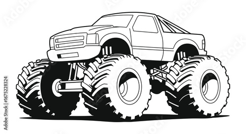 A large monster truck with oversized tires and a pickup truck body style vehicle