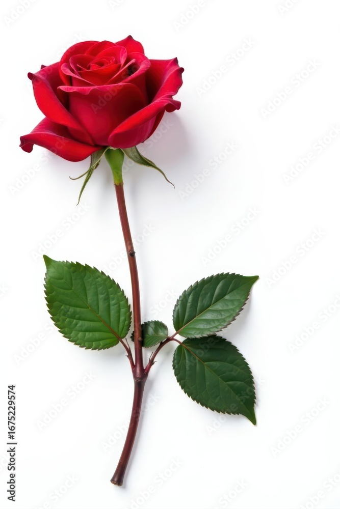 Fototapeta premium Single red Mister Lincoln rose, isolated on white Ample copy space to the right , mister lincoln, summer, single flower