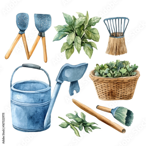 Spring Garden Tools, watercolor clipart vector, isolated on a white background.