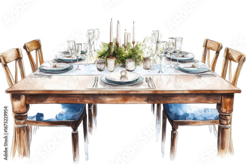 Elegant watercolor dining table set with candles and glassware, beautifully styled for a special gathering on a serene white background