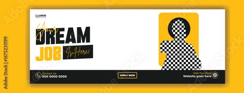 Dream job fair poster with a smartphone displaying a checkered pattern and text about job opportunities