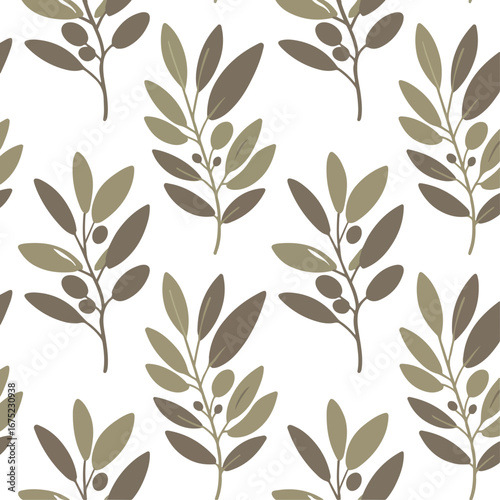 Olive branch pattern design, repeating branches with leaves and olives on a white background.