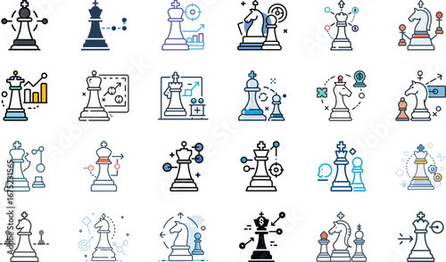 Business Strategy Chess Piece Icon Vector – Corporate Planning, Leadership, Competitive Advantage, Decision Making, and Strategic Management Symbol Illustration on White Background