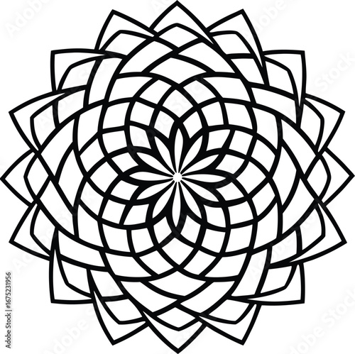 Vector art of complex geometric mandala pattern, showcasing interwoven shapes and a central floral design, creating a visually stunning and symmetrical abstract ornament