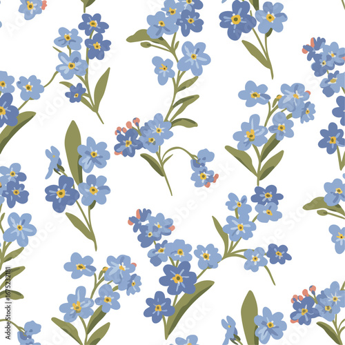 Seamless pattern featuring blue forget-me-not flowers with green leaves on a white background.