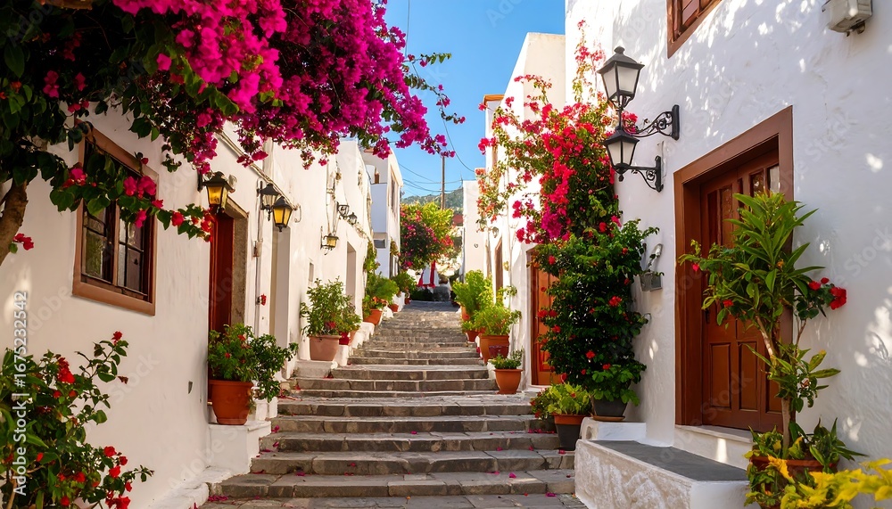 Fototapeta premium Sunny, blooming, whitewashed streets