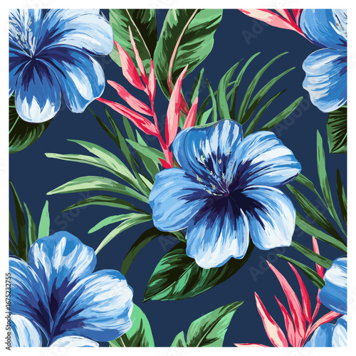 A vibrant seamless pattern featuring bold blue hibiscus flowers, tropical leaves, and striking red heliconia, set against a deep navy background. This tropical design brings the lush beauty.