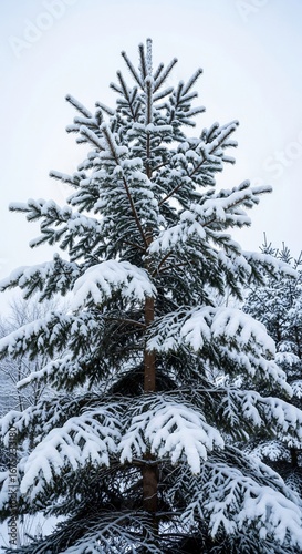 SnowCovered Spruce Tree in Winter Landscape CloseUp View Evergreen Branches Cold Weather.