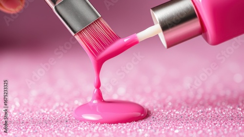 Close up of a makeup brush applying vibrant pink nail polish to a textured surface