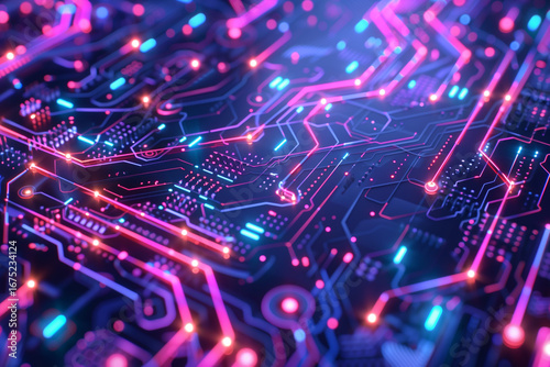 This captivating abstract circuit board pattern showcases glowing lines and circuit paths in vibrant colors